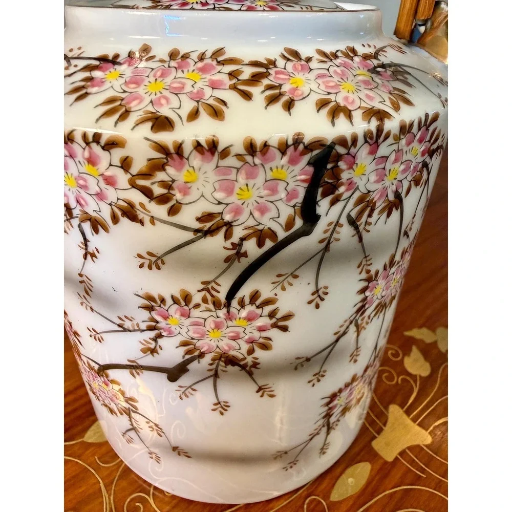 Vintage Cherry Blossom Teapot with Rattan Handle • Porcelain Floral Tea Pot‎